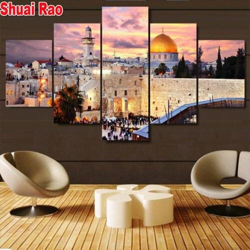 5 Panel Diamond Embroidery Jerusalem Modular Pictures Islam Islamic City diamond painting full Square/Round Diamonds mosaic