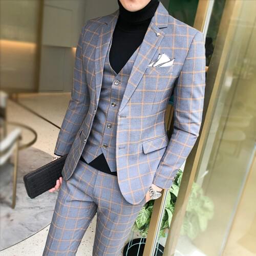 Grey Check Formal Mens Slim Fit Business Suits Wedding Tuxedos Suits For Men Bespoke 3 Pieces Traje Hombre Jacket Vest Pants