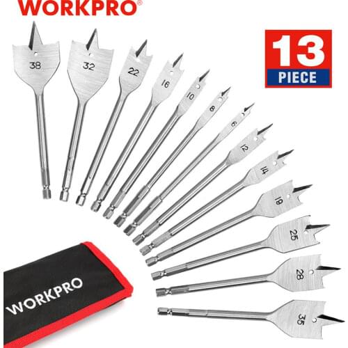 WORKPRO 13PC 6-38mm Woodworking Flat Drill Set In Metric Woodworking Spade Drill Bits Hand Tool Sets