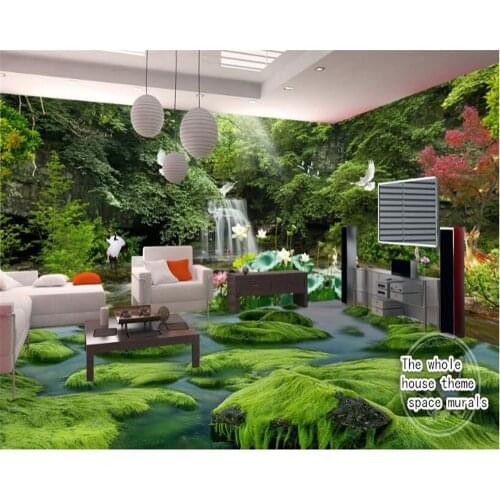 Beibehang papel de parede High quality waterproof silk fabric wallpaper naked eye green forest waterfall whole house theme space