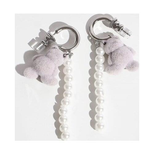 Original girl cute Japanese lovely flocking pearl loving bear tassel chain earrings platinum female