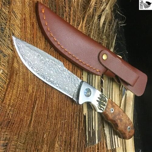 PEGSAI 60HRC high quality antler + red shadow handle straight knife Damascus outdoor camping straight knife gift collection