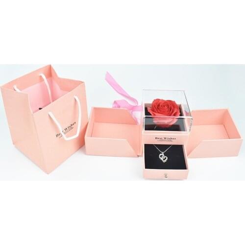 Hot Pink Soap Foam Rose Jewelry Box with 100 Languages I Love You Necklace For GirlFirend Valentines Day Gift