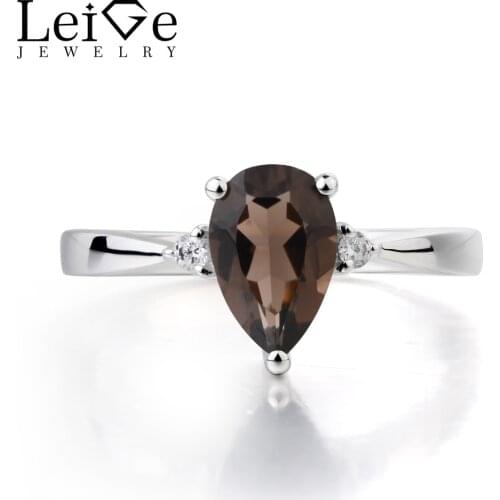 Leige Jewelry Natural Smoky Quartz Ring Pear Cut Brown Gemstone Solid 925 Sterling Silver Lovely Rings for Her Water Drop Shape