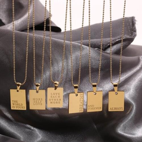 2021Inspirational Necklace Gold Color Stainless Steel Engrave Square Dainty Pendant Letters Bead Chain Necklace For Women Girl