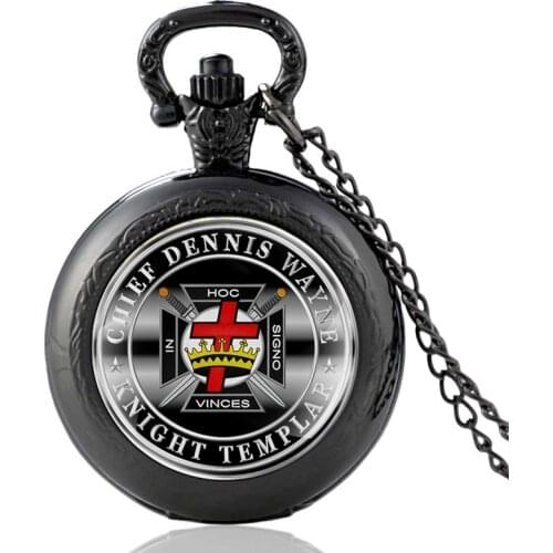 Vintage Knights Templar Cross Black Quartz Pocket Watch Unique Pendant Clock Watch Men Women Glass Dome Necklace Gifts