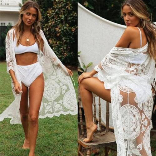 Women Bikini Cover Up Floral Lace Hollow Crochet Swimsuit Cover-Ups Bathing Suit Beachwear Tunic Beach Dress Mesh Long Dress