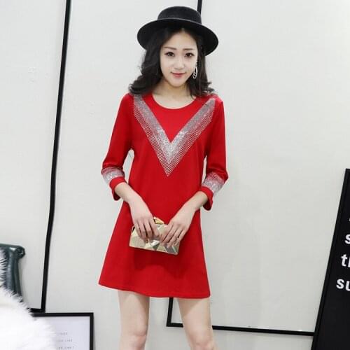 Plus size Womens clothing solid color Roman cotton V hot drilling bright diamond beaded seven-point sleeve bottoming dress
