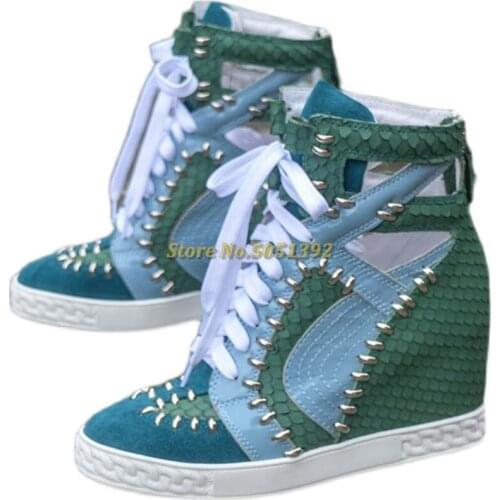 Rivet Height Increase Ankle Booties Round Toe Lace Up Air Mesh Dress Women Shoes Blue New Arrivals Back Zipper Dress Boots