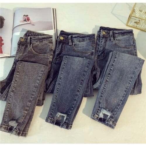 G1182 2019 spring autumn new women fashion big size loose chic elastic high waist broken hole nine points jeans cheap wholesale