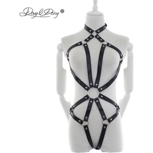DAVYDAISY Women Sexy Bodysuits Harness Bandage PU Leather Open Bust Catsuits Sexy Lingerie Teddies Underwear Sexy Costumes TE501