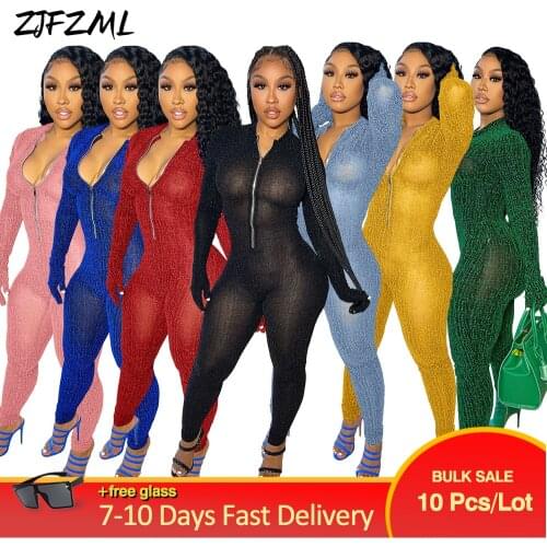 Bulk Items Wholesale Lots Y2K Womens Fitness Long Jumpsuit Autumn Clothing Deep V Neck Cleavage Full Sleeve One Piece Catsuits