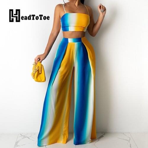 Colorblock Print Spaghetti Strap Crop Tops & Wide Leg Pants Set Summer Women Two Piece Set