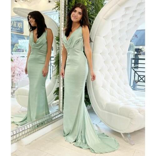 Sexy Long Mermaid Sage Cowel Neckline Prom Dresses Strappy Back Robe De Soiree Floor Length Satin Formal Party Gown for Women