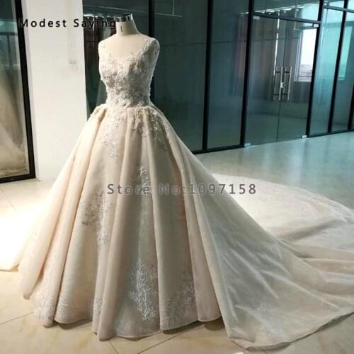 Royal Champagne Ball Gown Beaded Lace Wedding Dresses 2019 with Cathedral Train Flowers Bridal Gowns vestido de festa longo