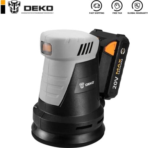 DEKO 20V Cordless Random Orbit Sander with 15 Sheets of sandpaper and Hybrid dust canister Lithium-Ion Battery 10,000/min