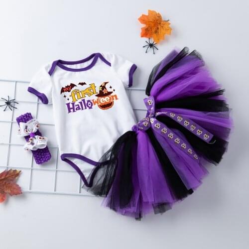FOCUSNORM 3pcs Baby Girls Halloween Clothes Sets 0-18M Letter Printed Short Sleeve Romper Bow Lace Tutu Skirts Floral Headband