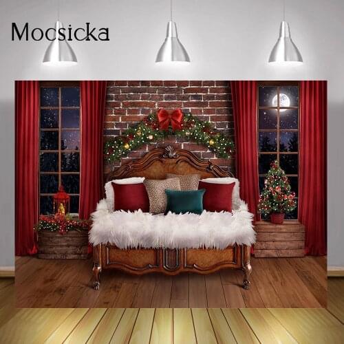 Christmas Window Photography Backdrop Red Curtain Winter Headboard Kids Birthday Portrait Background Studio Xmas Party Decor