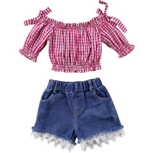Summer Girls Clothing Set Toddler Outfits Kids Fashion Toddler Children Plaid Short Sleeve Tops+Denim Shorts 1-6Y