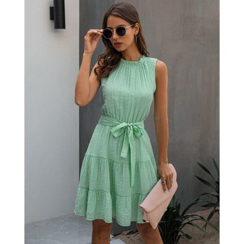 Summer Clothes Women 2021 Sweet Pleated Dress Mini A-Line Dresses Sleeveless Green Color Sundress Female Robe Beach Vestidos