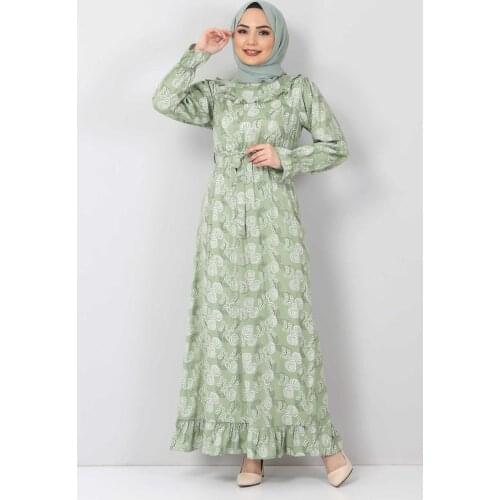 Desenli Fırfırlı Elbise TSD2817 Yeşil