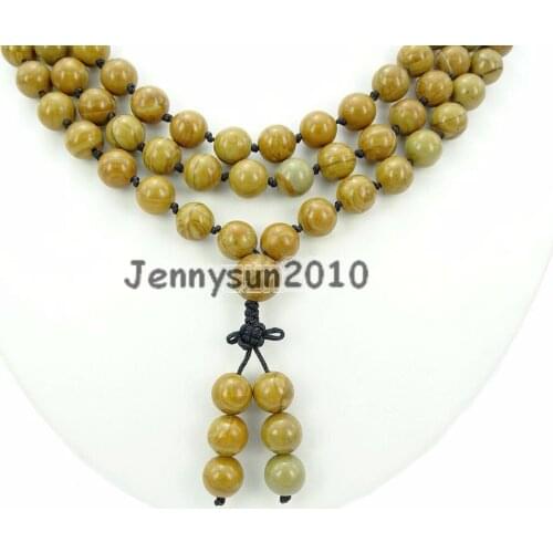 Natural Wood Grain Ja-sper 10mm Gems Stone Buddhist 108 Beads Prayer Mala Knot Necklace Multi-Purpose 5Strands/Pack