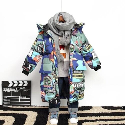 New Hooded Winter Jackets for Boys girls clothing Graffiti Camouflage Parkas for Teenagers Thick Long Coat Kids Clothes snowsuit
