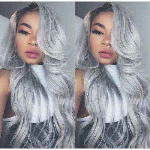 Deep Wave Synthetic Lace Front Wig Ombre Gray Wigs for Women Side Part Glueless Lace Wigs with Baby Hair Heat Resistant Fiber