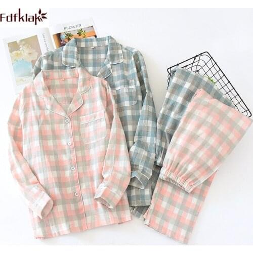 Fdfklak Casual large size cotton pajamas for women long sleeve spring autumn plaid sleepwear home clothes couples pijama set