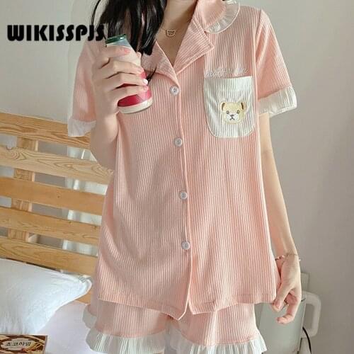 WIKISSPJS Summer New Sweet Lace Pajamas Korean Leisure Student Home Wear Two Piece Bear Print Set Sleep Tops Lounge Wear