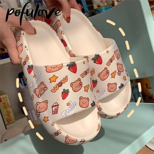 Pofulove Kawaii Cartoon Slippers for Girl Women Platform Chunky Shoes Cute Slider Bear Strawberry House Slippers Outdoor Student