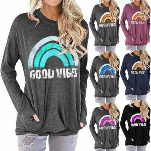 Popular Women Rainbow Sweater Good Vibes Printed Letter Loose O Neck Long-Sleeved T-shirt Woman Tshirts Tops Harajuku Ropa Mujer