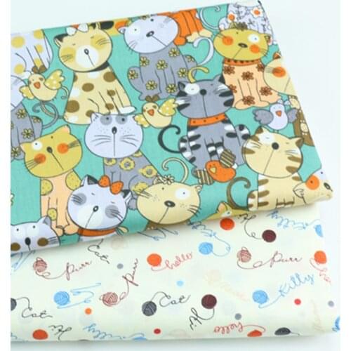 Cartoon Cat 100% Cotton Baby&child Green Beige Fabric,DIY Bedding Textile Fabric,Sewing Quilting Fat Quarters Material