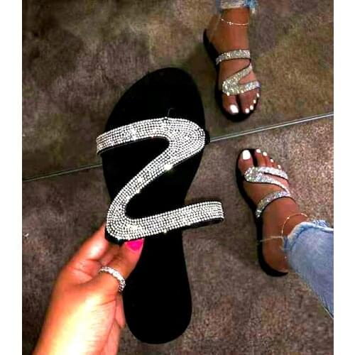 Women Summer Flat Slippers Rhinestone Shoes Open Toe Roman Beach Sandals ladies Flip Flops Black Non-slip Slides size 35-43