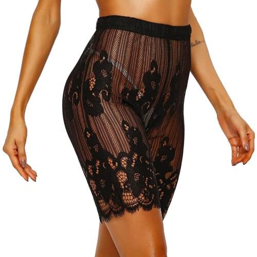 Black Shorts Women Flower Pattern See-through Lace Shorts Mid Waist Elastic Waistband Short Pants Breathable Underwear Nightwear