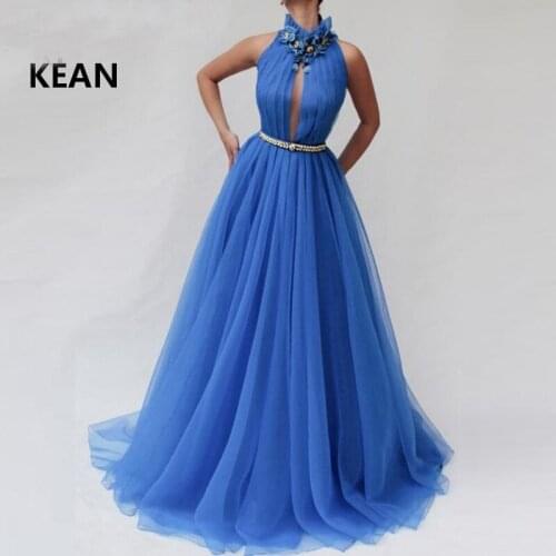 Blue Muslim Evening Dresses Tulle High neck Crystals Lace Flowers Formal Islamic Dubai Kaftan Saudi Arabic Prom Dress