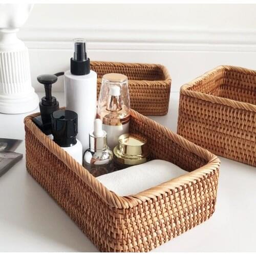 Hand Woven Rattan Wicker Basket Fruit Tea Snack Bread Picnic Cosmetic Rectangular Storage Box Household Kitchen Supplies WF