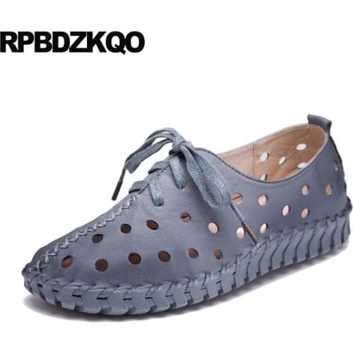 Hollow Out Genuine Leather Driving Lace Up Traditional Chinese Shoes Breathable Handmade 2018 Grey Sandals Large Size Ethnic