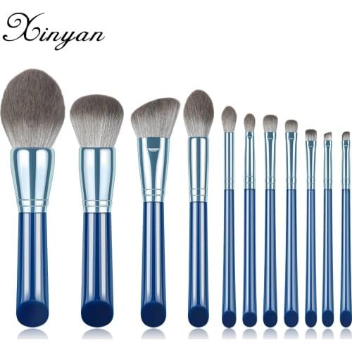 XINYAN Exquisite Blue Makeup Brushes Set Eyeshadow Powder Wood Handle 11Pieces Concealer Cosmetic Eyebrow Beauty Tool