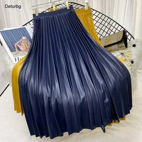 Womens Elegant Faux Leather Long Skirt Female Casual High Waist Big Hems Pleated A-Line Skirts Faldas 2021 Autumn Winter SK883