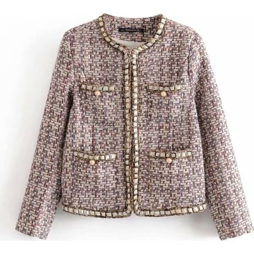 Autumn Winter Vintage Tweed Jacket Coat Women Pearl Buttons Patchwork Korean Woollen Cropped Coats Elegant Short Outerwear