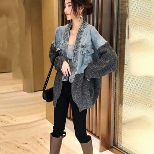 Women 2021 Autumn Winter New Fashion Oversized Patchwork Denim Sweater Coat Female Warm Streetwear Knitted Cardigan Jacket C533