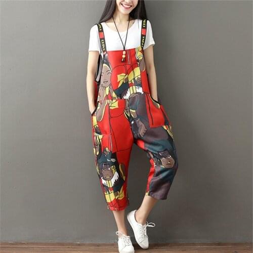 Fashion Streetwear Abstract print red elegant jumpsuit for women Loose Big Size Straps Baggy Pants