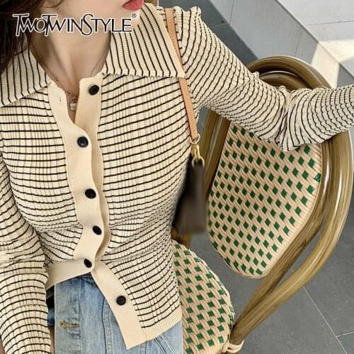 TWOTWINSTYLE Plaid Colorblock Sweater For Female Lapel Collar Long Sleeve High Waist Slimming Womens Casual Knitting Sweaters