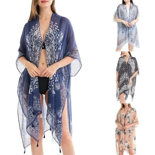 Womens Summer Bohemian Beach Cover Ups Dress Floral Print Short Sleeve Open Front Semi-Sheer Split Kimono Swimsuit Swimwear