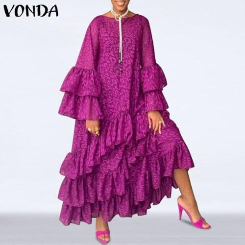 Stylish Dress VONDA Casual Flare Sleeves Vintage Printed Long Maxi Dresses Bohemian Vestidos Plus Size Beach Sundress Femme 5XL