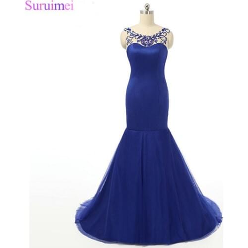 Mermaid Evening Dress Evening Party 2018 High Quality Scoop Beaded Crystals Tulle Royal Blue Long Dress Robe De Soiree