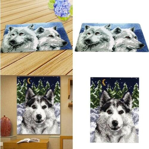 2 Sets Wolf Latch Hook Rug Kits DIY Pillow Mat Rug Making for Kids Adults Beginners 75x57cm/50x30cm