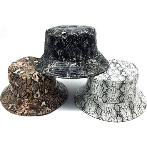 2020 New Fashion Women Snake PU Fisherman Hat Sun Protective Hats Girls Summer Animal Printed Leather Reversible Bucket Hat