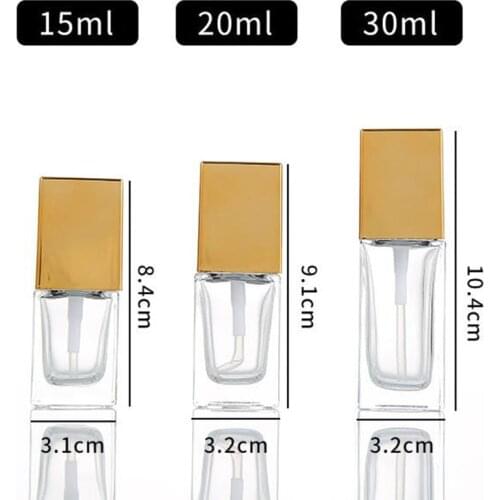 50pcs15ml 20ml 30ml Clear Square Glass Bottle with Gold cap for Lotion Essential Oli Moisturizer Facial Water Liquid Cream F3613